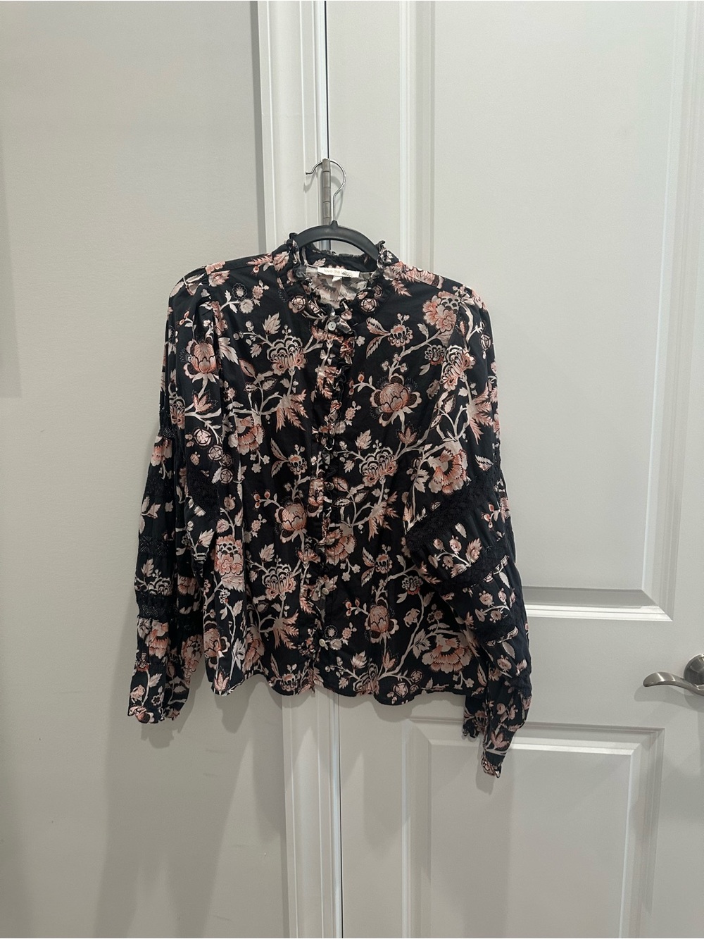 SOLD ON ANOTHER PLATFORM Floral Ruffle-Trim Black Blouse with Pink Pattern